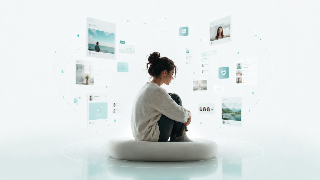 Person surrounded by floating social media interfaces